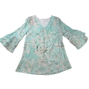 Floral Cherry Blossom Blouse Mint Green Ruffle Bell Sleeve Top Whimsical Small‎